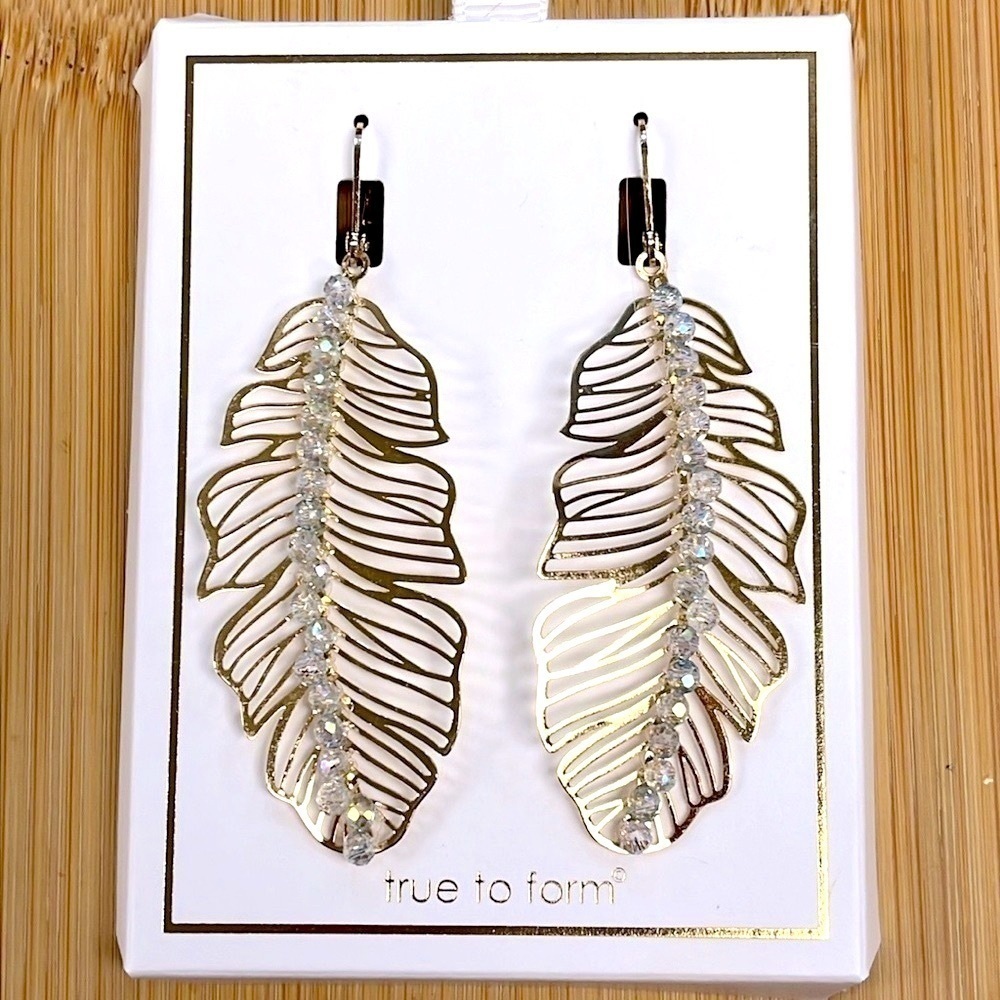 Brand New True to Form Gold Tone Leaf Drop Earrings Crystal Beaded Lightweight